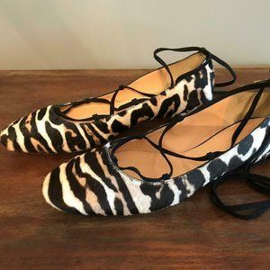 J.Crew $268 Lace-Up FLats Leopard Calf Hair F8474